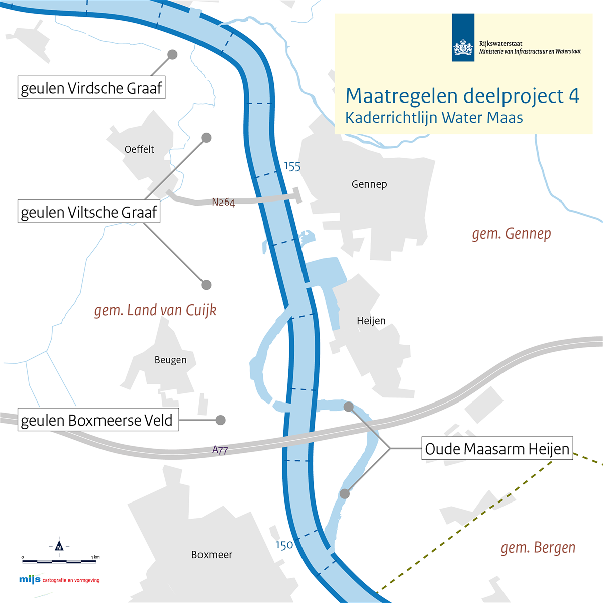 Overzichtskaart van de Maas met de ligging van de vier KRW-maatregelen in deelproject 4.